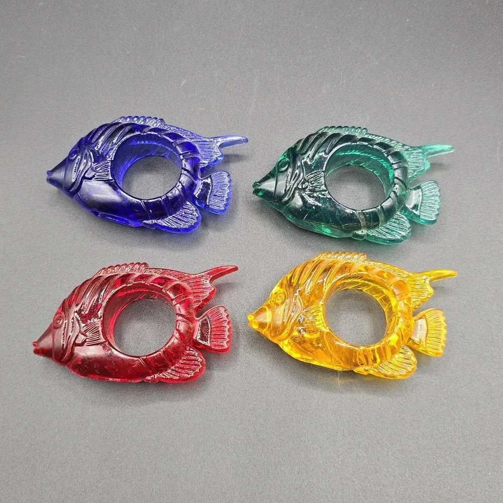 Vintage Lucite‎ Acrylic Nautical Fish Napkin Ring Holder Retro Colorful Set of 4